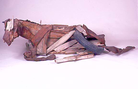 Deborah Butterfield. 1985. "Horse #2-85."
      Barbed wire, pipes, fencing material, tire,
      corroded scraps of metal, wood