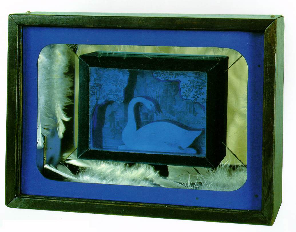 Joseph Cornell. 1946. "A swan lake for Tamara Toumanova
      (homage to the romantic ballet)." Box construction, painted wood,
      glass pane, photostats on wood, blue glass, mirrors, painted
      paperboard, feathers, velvet, rhinestones