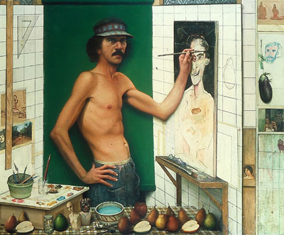 Gregory Gillespie. 1980-1981. "Myself Painting a Self-Portrait."
     Oil, alkyd, pencil, crayon, cont crayon, wood, felt-tipped pen and ink,
     ball-point pen and ink, masking tape, photomechanical reproductions on wood