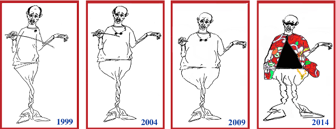 Cartoon by Ariel Leib Leonid Friedman (1999).
      Modified by carbs, lipids, nicotine deprivation, tzores, and age (2004).
      Texas sized (2009).
	  Further modified by osteoporosis, lack of dietary resolve, hyperphotosensitivity and a sartorial decision involving chromatics (2014).