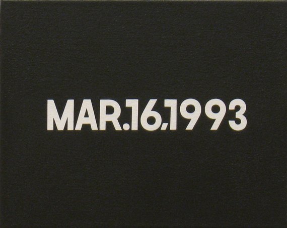 On Kawara. 1993. "MAR. 16, 1993." Acrylic on canvas,
      box, adhesive tape, and labels on cardboard