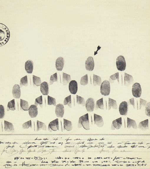 Saul Steinberg. 1953. "Group Photo." Ink, thumbprints, and rubber
	stamp on paper.